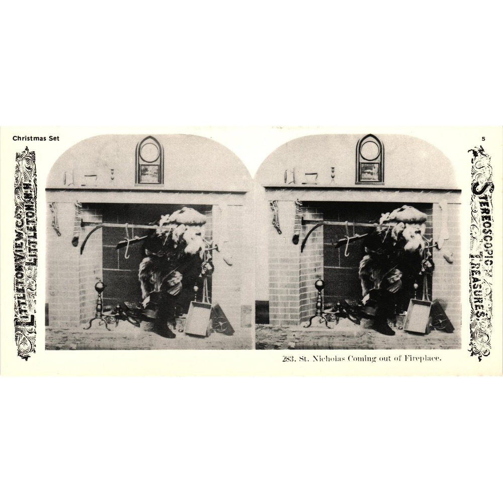 St Nicholas Coming out of Fireplace Stereoview Litho 1978 Christmas Reproduction